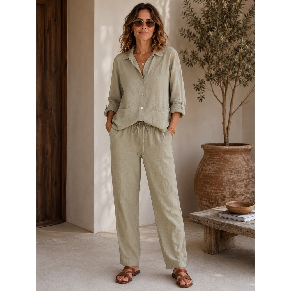Poetry Linen ECOVERO Matching Set Button Shirt Pull On Pants Earthy Sage 10 8